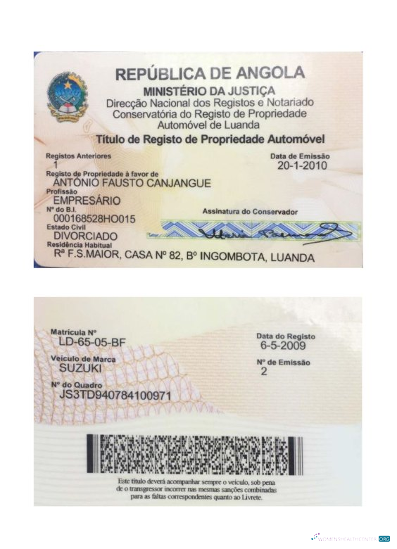 Download Angola vehicle registration card version 2 Photoshop template